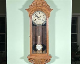 COOK & JAQUÉS RAILROAD CLOCK  |  Adjusted pendulum railroad clock, with "PRR" (Pennsylvania Railroad) insignia engraved in burl veneer, mostly in-tact interior paper label reads "COOK & JAQUES Horologists, Trenton, NJ" ...likely an F. Kroeber, NY Regulator model 31 (special pendulum with adjusting scale patented 1881) - l. 4.5 x w. 10 x h. 32 in.