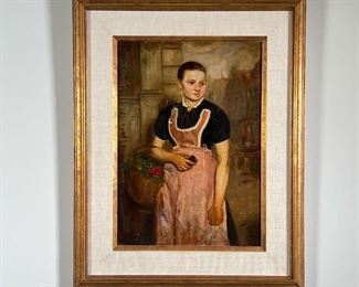 GERMAN GENRE PORTRAIT  |  Oil on board, painting showing a lady in an apron with a basket of flowers, signed lower right "Berlin 1883"; 11 x 16 in. (sight) - h. 22.5 in. (frame)
