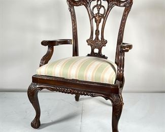 CHIPPENDALE CHILD'S CHAIR  |  Chippendale style with an intricately carved back splat and striped upholstered seat over cabriole legs with front ball and claw feet - l. 17.5 x w. 15 x h. 26.5 in.