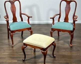 (3pc) QUEEN ANNE FURNITURE  |  Including a pair of Century Chair Company Queen Anne style armchairs and a similar Stanley furniture stool, all of nicely figured wood with cabriole legs and pad feet - l. 23 x w. 25.5 x h. 39 in. (armchair)