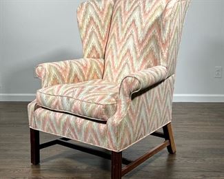 CHIPPENDALE WING CHAIR  |  Early 20th century with chevron patterned green and pink wool fabric; no apparent maker - l. 34 x w. 34 x h. 43 in.
