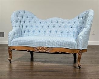 BLUE CARVED SETTEE  |  l. 55 x w. 29 x h. 34 in.