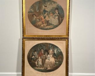 (2pc) PAIR ENGLISH ENGRAVINGS  |  Engravings of G. Morland paintings, including "St. James Park" and "A Tea Garden" - w. 25 x h. 23 in. (frame)