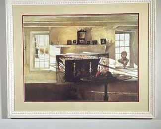COLONIAL FIREPLACE LITHOGRAPH  |  Interior scene, matted and framed, with a Colonial, Greenwich, CT label on verso - w. 34 x h. 27 in. (frame)