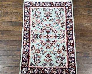 HAND KNOTTED KASHAN  |  Kashan mat, pale green field with blue border - l. 36 x w. 24 in.