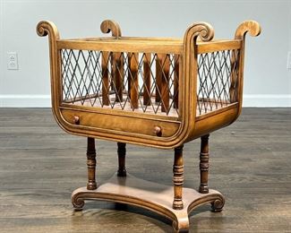 HARP FORM CANTERBURY  |  Scroll sides with four slots, crossed grill work over a full width drawer, four turned legs on a stretcher base - l. 24 x w. 14 x h. 24 in.
