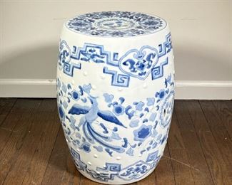 CHINESE GARDEN SEAT  |  Blue and white porcelain garden seat decorated with phoenix and flowering vines motif - h. 18 x dia. 15 in.