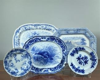 (5pc) BLUE & WHITE PLATTERS  |  Including three large serving platters (one T.J. & J. Mayer Florentine) and two plates - l. 21 in. (largest)
