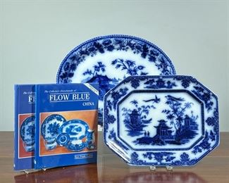 (2pc) JAPONISME FLOW BLUE CHINA  |  Including a Chusan J. Clementson and an "AGRA" platter; plus two books by Mary Frank Gaston, "The Collector's Encylopedia of Flow Blue China" - l. 18 in. (largest)
