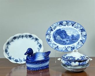 (5pc) LARGE BLUE & WHITE CHINA  |  Including a duck form vessel, a tureen, a round bowl, and two oval platters - l. 17 in. (largest)
