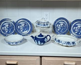 COLLECTION OF BLUE & WHITE CHINA  |  Including a Wedgwood teapot, four plates, a lidded tureen, and two serving dishes without lids  - l. 12 in. (largest)