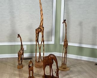 (5pc) CARVED GIRAFFES  |  Carved wood giraffe figures - h. 12 in (shortest) - h. 58 in. (talles)