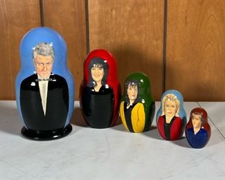 BILL CLINTON NESTING DOLL  |  Bill Clinton scandal themed nesting dolls featuring Monica Lewinsky made by Treasures from Russia from their "All the President's Dolls" line - h. 7 in.
