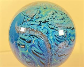 ART GLASS PAPERWEIGHT  |  Blue swirl art glass sphere signed and dated 9-29-2000 on bottom - dia. 3 in.