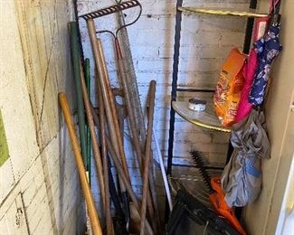 Hand tools and gardening supplies.