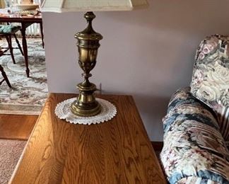 Oak End Table, Brass Lamp 1 of 2