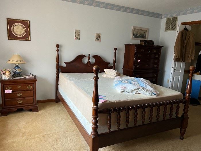 Queen Bed, High Boy Chest of Drawers, Night Stand
