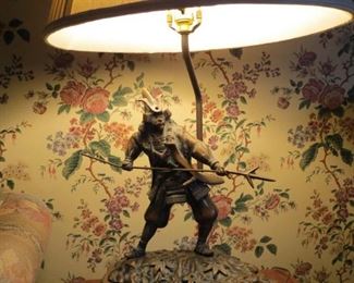 Frederick Cooper Japanese Warrior bronze Table Lamp  16"Wide  X  9"D  X  19" Tall  ( with Shade 38" Tall)