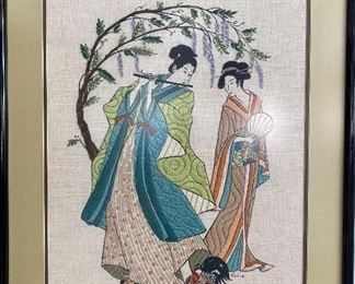 Asian bohemian boho crewel needlework on linen Art by Gayle
"Japanese Geisha & Musician"