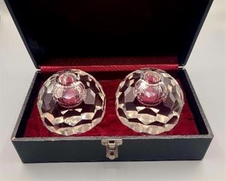 Vintage crystal honeycomb pattern candle holders in velvet box