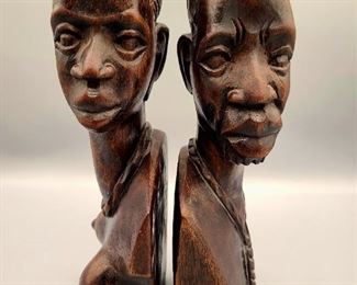 Carved Wood Man and Woman Busts/ Bookends