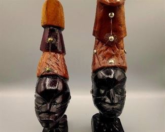 Carved Wood African Man & Woman head sculpture