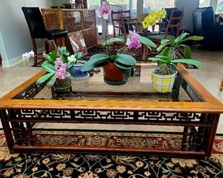 ▪︎ Vintage Chinoiserie Faux Bamboo Asian Motif rectangular coffee table
 w/glass top insert 
▪︎ Orchid plants