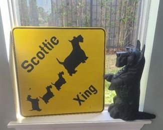 Scottie crossing sign & cast iron Scottie door stop