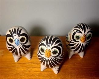 Tonala Mexico painted ceramic Owl trio 