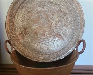 Large copper etched tray & pot w/handles