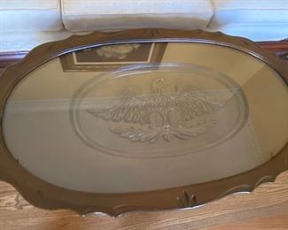 #20	eagle carved in wood of glass protected coffee table 38x21x18	 $175.00 			
