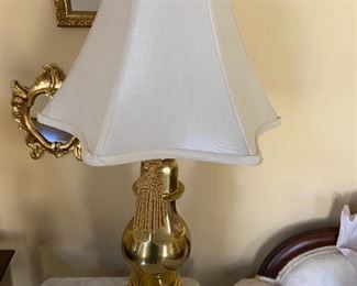 #24	brass heavy lamp with shade and butterfly finial  32 tall 	 $100.00 			
