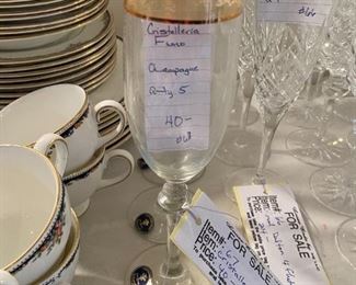 #67	Crystal	Cristalleria Fumo Champagne Qty 5	 $40.00 			
#66	Crystal	Royal Dalton Hellene Fluted Champagne 8 1/4" Qty 4	 $24.00 			

