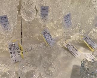 left to right                                                                                                 #65	Waterford	Waterford Crystal "powerscourt" Claret Wine 7 1/8" Qty 12	 $240.00 			
#64	Waterford	Waterford Crystal "Powerscourt" Hock Wine 7.5" qty 8	 $200.00 			
#63	Waterford	Waterford Crystal "Powerscourt" Water Goblets 7 5/8" Qty 9	 $180.00 			
#52	Lenox	Lenox Crystal "Charleston" Qty 7 (1 as is chipped)	 $70.00 			
