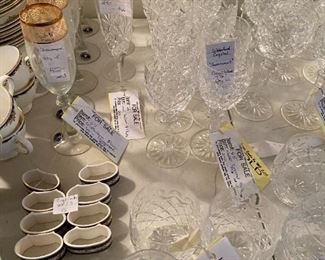 Left to right  #67	Crystal	Cristalleria Fumo Champagne Qty 5	 $40.00 			
#66	Crystal	Royal Dalton Hellene Fluted Champagne 8 1/4" Qty 4	 $24.00 			
#65	Waterford	Waterford Crystal "powerscourt" Claret Wine 7 1/8" Qty 12	 $240.00 			
#62	Waterford	Waterford Crystal "Powerscourt" Old Fashion 3.5" qty 8	 $180.00 			
