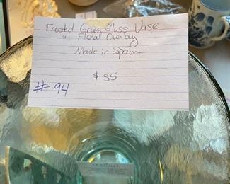 #94	misc.	Frosted Green Glass Vase w/Floral Overlay - Made in Spain	 $35.00 			
