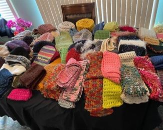 hand-made knitted hats, scarves, purses