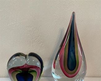 Murano Heart - Triple Sommerso Art Glass, Murano Triple Tear Drop Sculpture, both Made in Italy