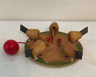Vtg Wooden Pecking Chicken Paddle Toy