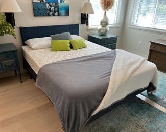 Queen bed w/dark blue fabric headboard and side rails