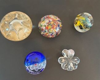 From top left: MCM Art Glass Gold Dust Paperweight, Millefiori Paperweight, Art Glass Paperweight; bottom left: Caithness Signed & Numbered PW, Waterford Paperweight