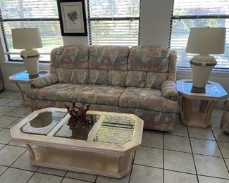 These pieces are part of another sale we'll be hosting in mid-February, but can be purchased now. Entire living room /Florida room includes:
Sofa, Love Seat, Recliner, Coffee Table, 2 End Tables, 2 Table Lamps and 3-Piece Entertainment Center.
All pieces are in good-fair condition and will be sold AS IS. Priced at $555 for quick sale. Call 386-299-1588 for more info.