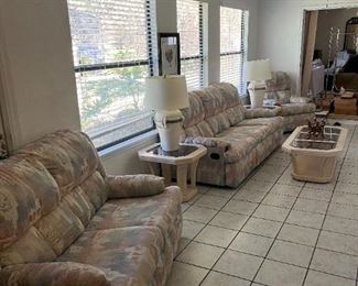 Available for immediate pick up in The Trails, Ormond Beach. These pieces are part of another sale we'll be hosting in mid-February, but can be purchased now. Entire living room /Florida room includes:
Sofa, Love Seat, Recliner, Coffee Table, 2 End Tables, 2 Table Lamps and 3-Piece Entertainment Center.
All pieces are in good-fair condition and will be sold AS IS. Priced at $555 for quick sale. Call 386-299-1588 for more info.