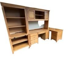 $330     Stanley Furniture 5 Piece Office Collection MA158-7 (ALL REASONABLE OFFERS ACCEPTED)       Description: 5 piece Walnut Executive Office. Includes Computer desk, Computer desk Hutch, Bookcase Base, Bookcase Hutch, Right Return with 3 drawers/file cabinet.  Sturdy all wood construction. Desk has hide-a-way computer cabinet and pull out printer cabinet.  Hutch has 2 shelving and 2 doors compartments each with an shelf and a center drawer that doubles as a key tray.  Right return has an undermount file drawer which holds both legal and letter files. Bookcase (shown on the left side but used with the return on the right) Provides a total of 5 open shelving choices.
Dimensions: Total Footprint: 92W x 78D x 78H in
Desk Base: 60 x 22 x 30 in | Desk Hutch: 59.5 x 17 x 48H in
Bookcase Base: 32 x 22 x 30H in | Bookcase Hutch: 32 x 17 x 48H in
Right Return: 56 x 29 x 30H in
Condition: Item is in very good condition with only minor superficial signs of wear associated with age and use. 
Lo