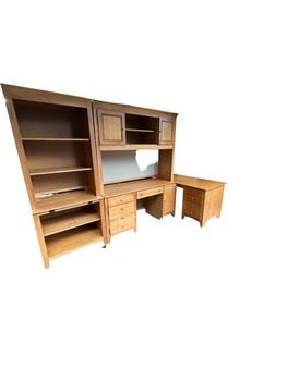 $1200 Stanley Furniture 5 Piece Office Collection MA158-7 Description: 5 piece Walnut Executive Office. Includes Computer desk, Computer desk Hutch, Bookcase Base, Bookcase Hutch, Right Return with 3 drawers/file cabinet. Sturdy all wood construction. Desk has hide-a-way computer cabinet and pull out printer cabinet. Hutch has 2 shelving and 2 doors compartments each with an shelf and a center drawer that doubles as a key tray. Right return has an undermount file drawer which holds both legal and letter files. Bookcase (shown on the left side but used with the return on the right) Provides a total of 5 open shelving choices.
Dimensions: Total Footprint: 92W x 78D x 78H in
Desk Base: 60 x 22 x 30 in | Desk Hutch: 59.5 x 17 x 48H in
Bookcase Base: 32 x 22 x 30H in | Bookcase Hutch: 32 x 17 x 48H in
Right Return: 56 x 29 x 30H in
Condition: Item is in very good condition with only minor superficial signs of wear associated with age and use.
Location: Local pick up onl
