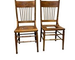 $40      Pair of Antique Cane Seat Chairs MA158-17      Description: Pair of pressback oak chairs with caned seats. Frames are in good vintage condition. Seats need new cane or optional leather. 
Dimensions: Open: 17 x 17 x 41.5H in | Seat Height 18.5 in | Seat Depth 16.5 in
Condition: Items are in good condition with both seats needing new cane or leather insert. Solid chairs. 
Location: Local pick up only West Linn, OR. Located in the garage for easy access. Visit our "Need a shipper" tab or contact us for shipper suggestions.      https://goodbyhello.com/products/copy-of-antique-hand-painted-blanket-chest-ma158-16?_pos=2&_sid=4b6b24362&_ss=r