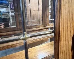 $225      Oak 2 Piece Hutch/China Cabinet MA158-5 (ALL REASONABLE OFFERS ACCEPTED)     Description: 2 Piece Solid Oak China Cabinet. In Excellent Vintage Furniture Condition, Normal Age Wear. Very Clean Finish, Features Leaded Glass and Dovetail Drawers. Wired with electricity.
Dimensions: Total: 56 x 19 x 80H in
Upper: 56 x 15.5 x 47 H in 
Lower: 55.5 x 19 x 33 H in
Condition: Item is in very good condition with only minor superficial signs of wear associated with age and use. 
Location: Local pick up only West Linn, OR. Located in the garage for easy access. Visit our "Need a shipper" tab or contact us for shipper suggestions.      https://goodbyhello.com/products/copy-of-stanley-furniture-white-bead-board-cabinet-and-bench-ma158-4?_pos=13&_sid=4b6b24362&_ss=r