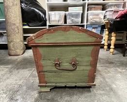 $110 USD       Hand Painted Dome Chest w/Iron Strap and Hardware - MA158-16 (ALL REASONABLE OFFERS ACCEPTED)      Description: Wood chest constructed with metal strap with a dome top, two iron handles to either side, painted in a muted green/red distressed floral and bird designs to front and top. Red stylized stripe division along center of dome top and front with a border edge on lid, front and sides.  Lacking key, metal strapping has degarded in 2 areas, and only minor paint loss and wood loss. Late 19th/Early 20th Century.
Dimensions: Open: 48.5 x 23 x 23.5 in
Condition: Item is in very good condition with only minor superficial signs of wear associated with age and use. 
Location: Local pick up only West Linn, OR. Located in the garage for easy access. Visit our "Need a shipper" tab or contact us for shipper suggestions.       https://goodbyhello.com/products/copy-of-antique-drop-leaf-secretary-writing-desk-ma158-15?_pos=3&_sid=4b6b24362&_ss=r