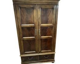 $190 USD      Drexel Accents Francais Armoire/Media Cabinet MA158-2 (ALL REASONABLE OFFERS ACCEPTED)      Description: Cherry veneer with mahogany veneer accents.  Doors open 270 degrees to reveal mirrors on back of each door, sliding back access panel, two adjustable/removable shelves and two removable shirt partitions, three-plug electrical outlet with coax and cord exist hole. Fixed shelf at waist, five tray drawers below fixed shelf, open for VCR/DVD placement and cord exit hole. Two drawers in base section.  Decorative drawer bottom.
Adjustable glides.
Case can be disassembled between the base and deck
for ease of delive
Dimensions: Total: 48 x 25.5 x 78.75H in |  Interior open space 41.5 x 32H in
TV Area: W41 (104cm) D20 (51cm) H31.50 (80cm)
VCR open area: W19 (48cm) D20 (51cm) H6.50 (17cm)
Deck height: 60.50 (154cm)
Base height: 18.25 (46cm)
Condition: Item is in very good condition with only minor superficial signs of wear associated with age and use. 
Location: Local pick up o