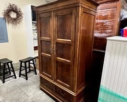 $190 USD      Drexel Accents Francais Armoire/Media Cabinet MA158-2 (ALL REASONABLE OFFERS ACCEPTED)      Description: Cherry veneer with mahogany veneer accents.  Doors open 270 degrees to reveal mirrors on back of each door, sliding back access panel, two adjustable/removable shelves and two removable shirt partitions, three-plug electrical outlet with coax and cord exist hole. Fixed shelf at waist, five tray drawers below fixed shelf, open for VCR/DVD placement and cord exit hole. Two drawers in base section.  Decorative drawer bottom.
Adjustable glides.
Case can be disassembled between the base and deck
for ease of delive
Dimensions: Total: 48 x 25.5 x 78.75H in |  Interior open space 41.5 x 32H in
TV Area: W41 (104cm) D20 (51cm) H31.50 (80cm)
VCR open area: W19 (48cm) D20 (51cm) H6.50 (17cm)
Deck height: 60.50 (154cm)
Base height: 18.25 (46cm)
Condition: Item is in very good condition with only minor superficial signs of wear associated with age and use. 
Location: Local pick up o